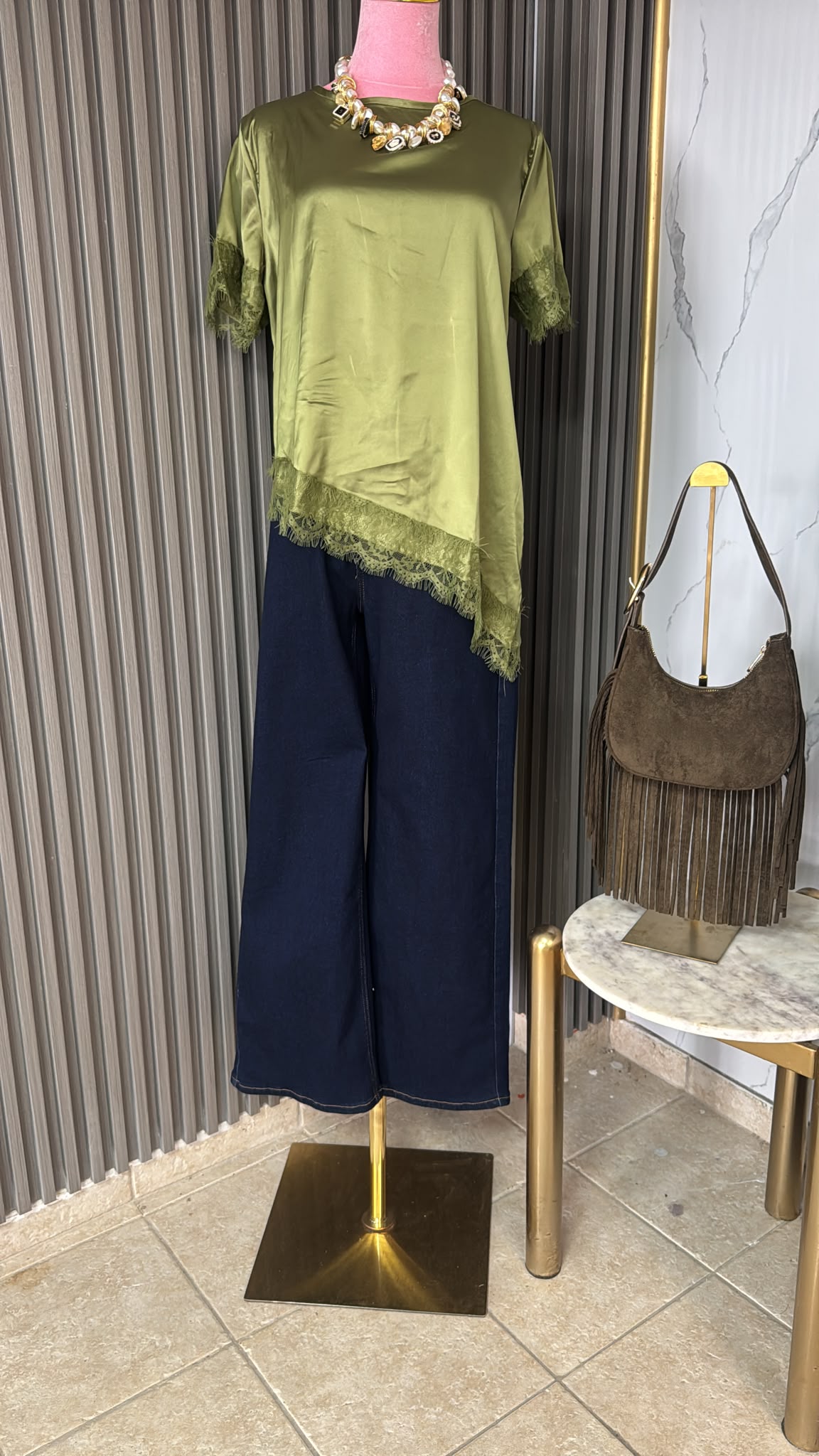 OLIVE ASYMMETRICAL LACE BLOUSE