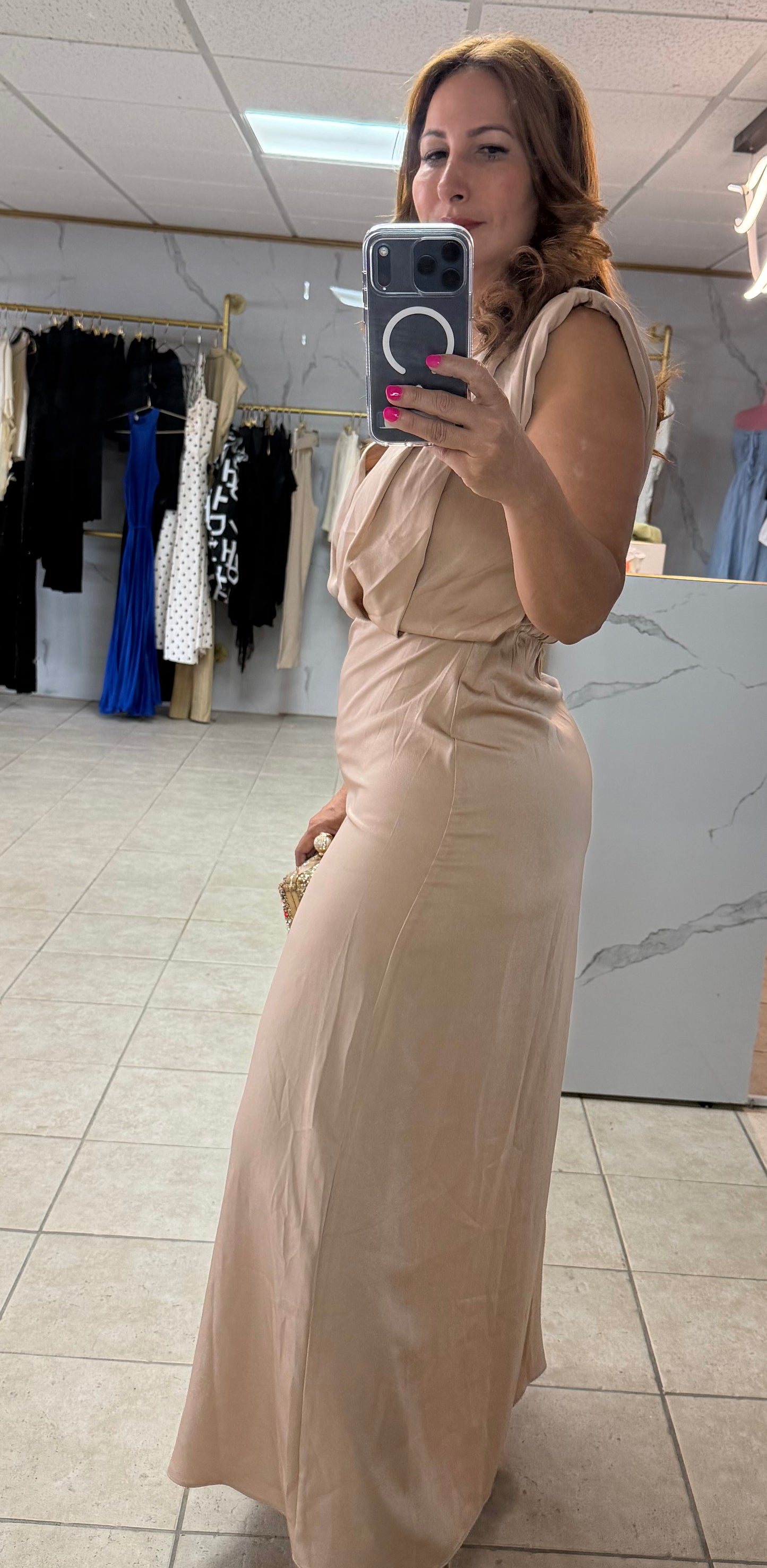 Elegance Satin Champange Maxi Dress-Maxi Dress-Azure Boutique