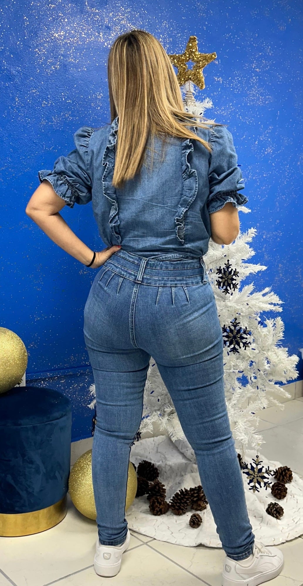 Denim Frill Ruffle Buttom Down Top