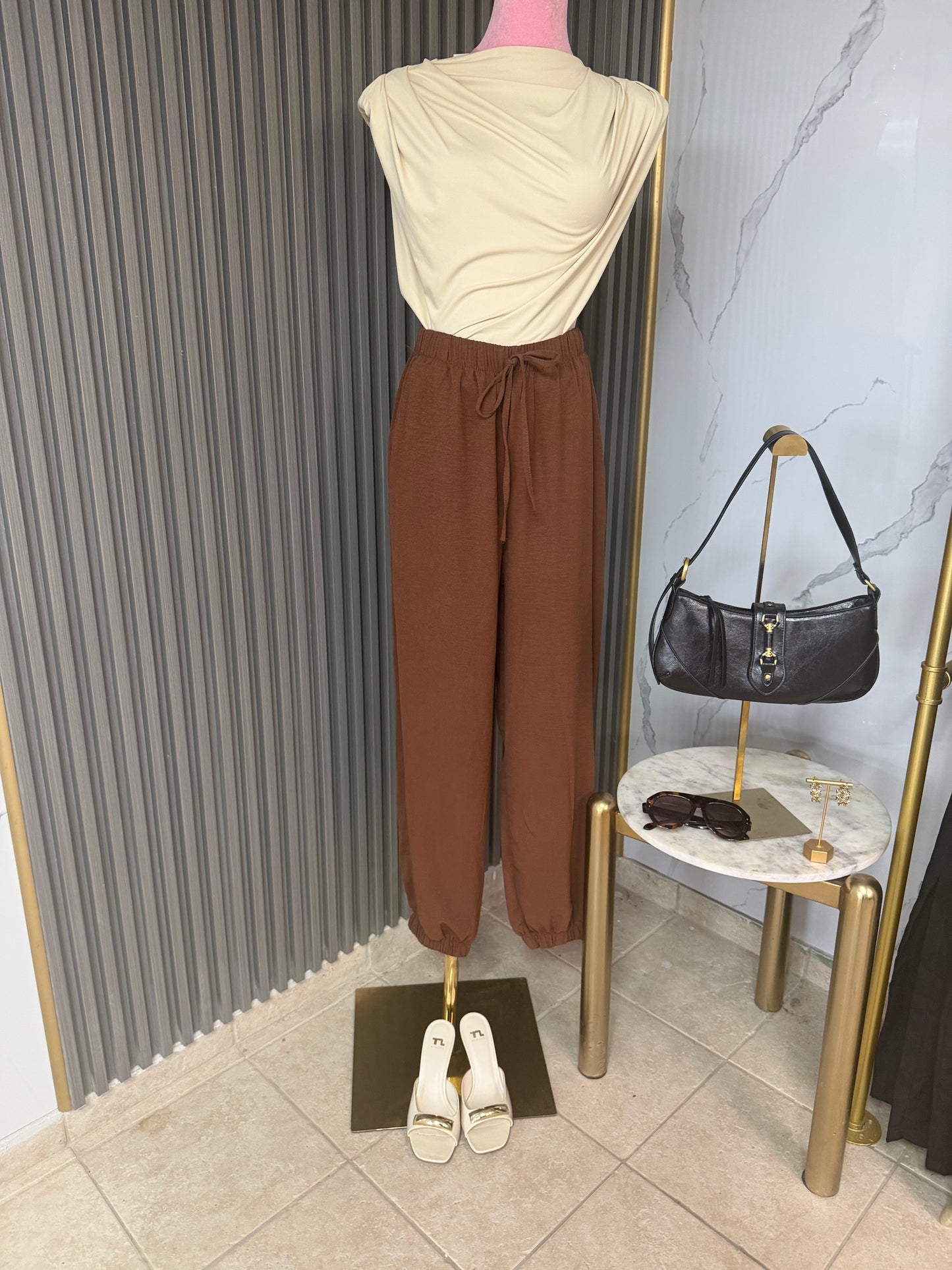 Chocolate Brown Elastic-Waist Jogger Pants/Pants/Azure Boutique