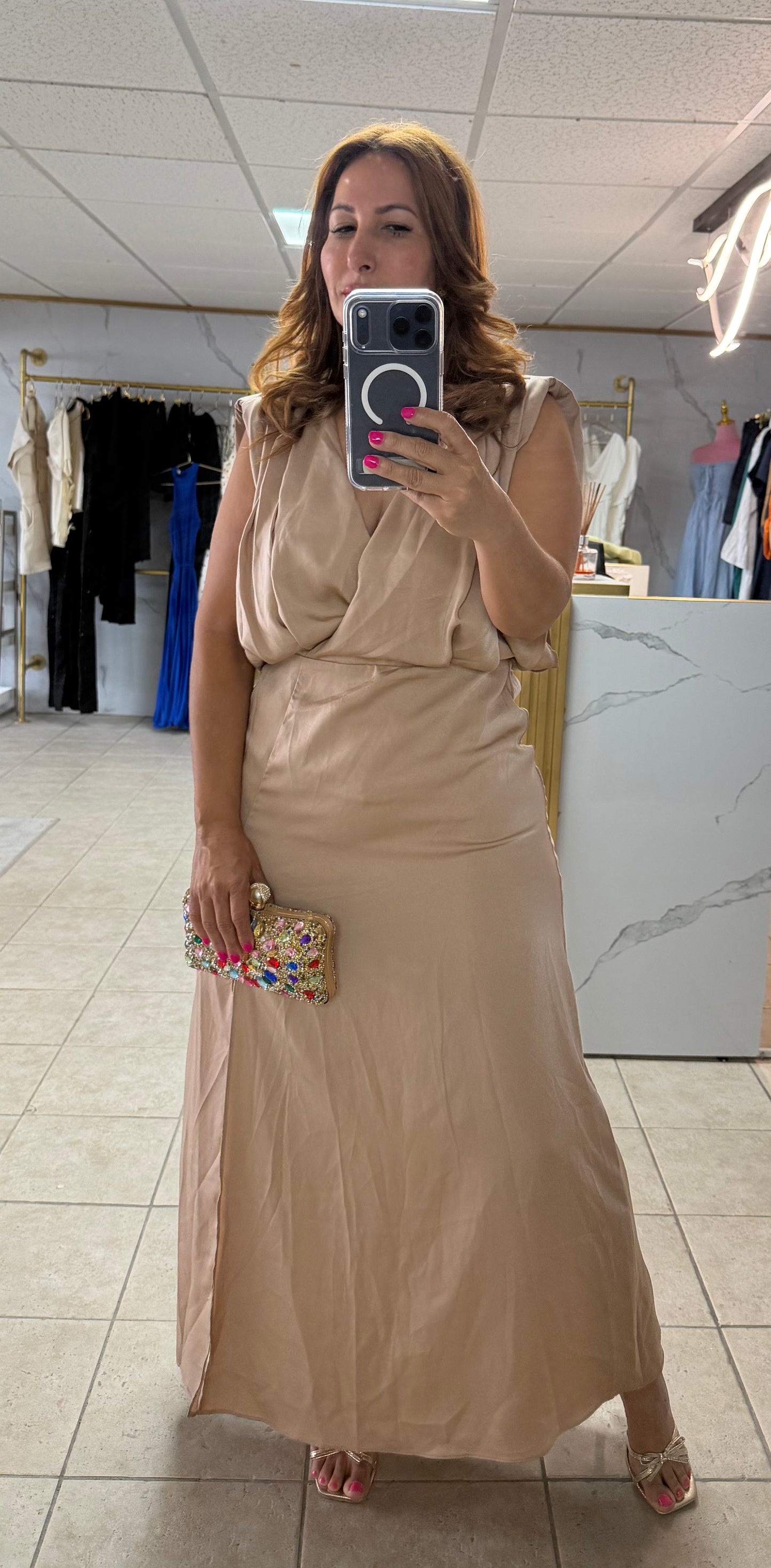 Elegance Satin Champange Maxi Dress-Maxi Dress-Azure Boutique