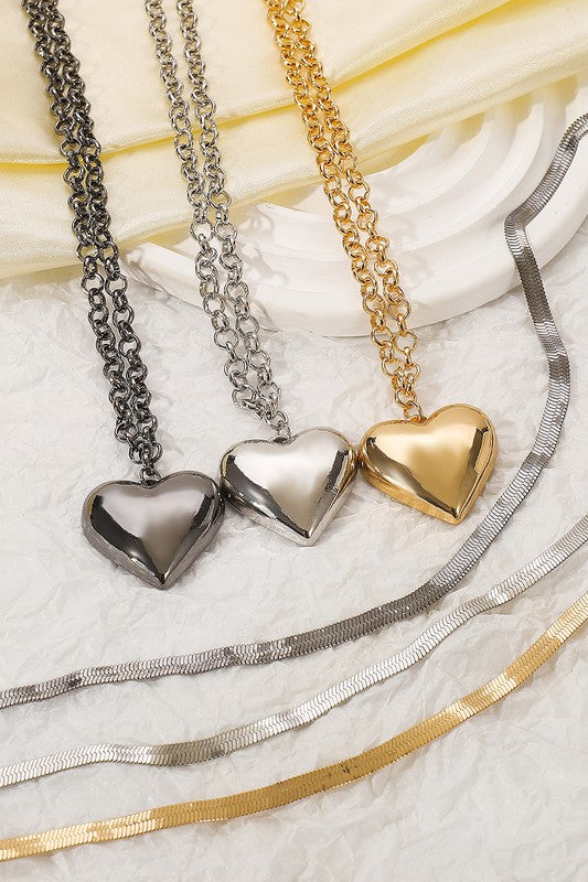 GOLD/ BLACK LAYERED SNAKE CHAIN HEART PENDANT NECKLACE