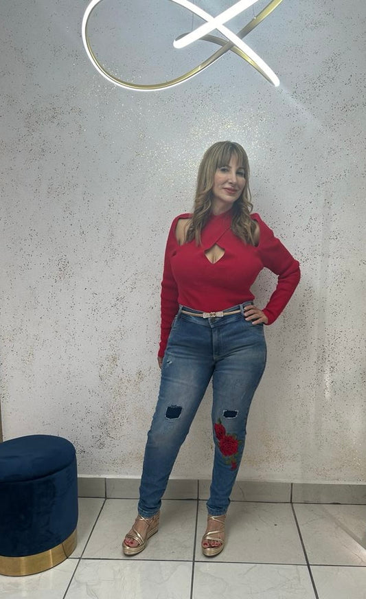 Stretch Jean with Red Flower