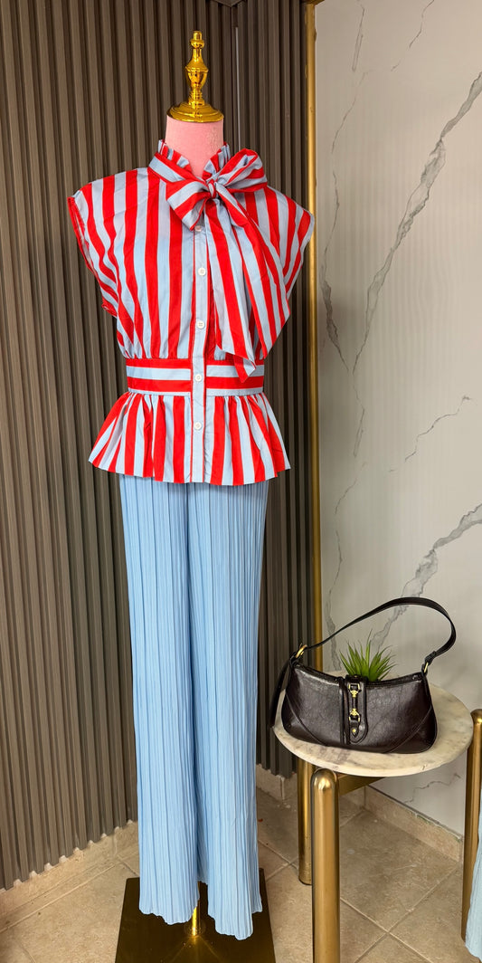 Red & Sky Blue Striped Bow Peplum Top/Top/Azure Boutique