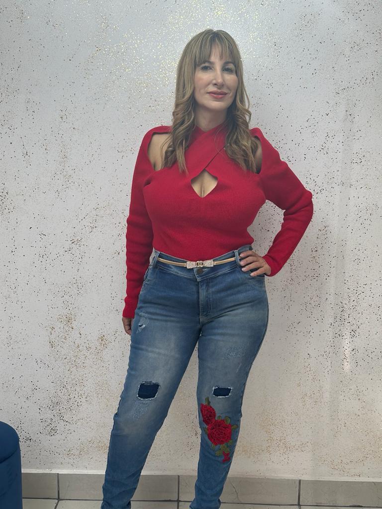 Stretch Jean with Red Flower