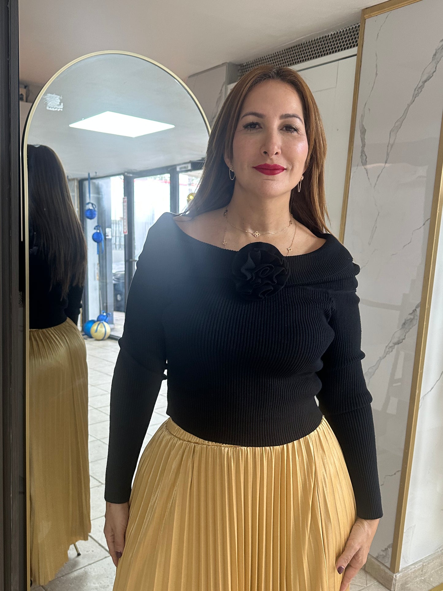 Off-Shoulder Top with Textured Floral Detail – Black