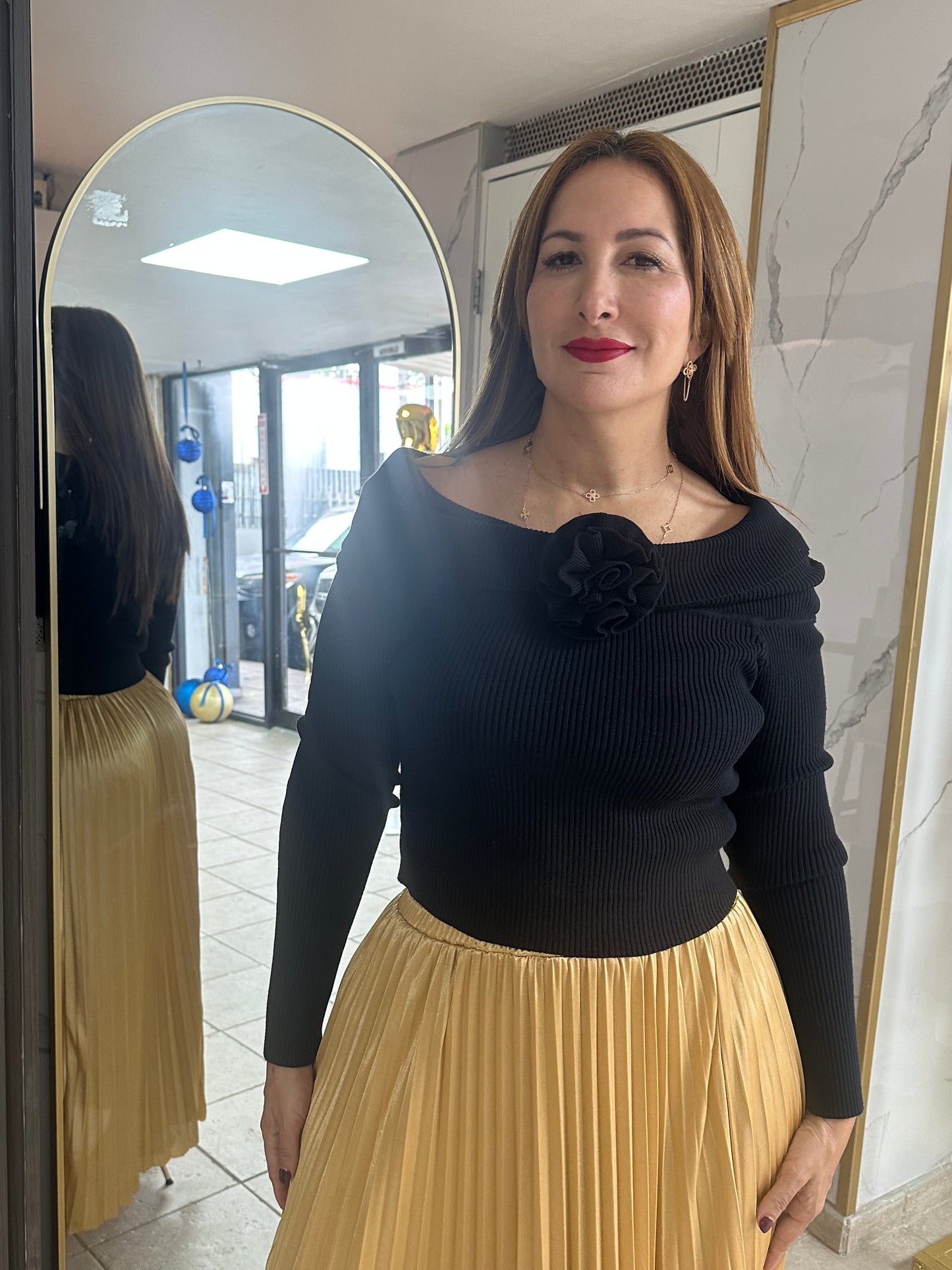 Off-Shoulder Top with Textured Floral Detail – Black