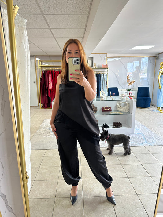 Midnight Elegance Satin Black Top-Top Azure Boutique