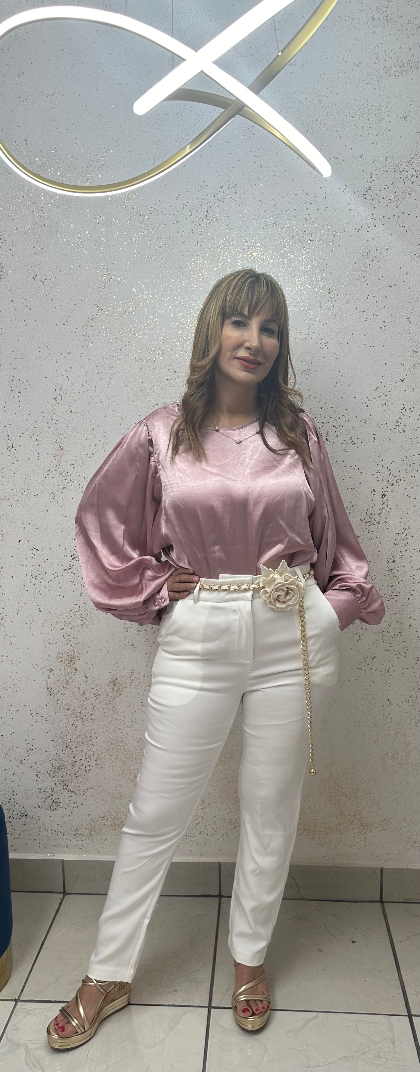 BOAT NECK BALLON SLEEVES SATIN BLOUSE