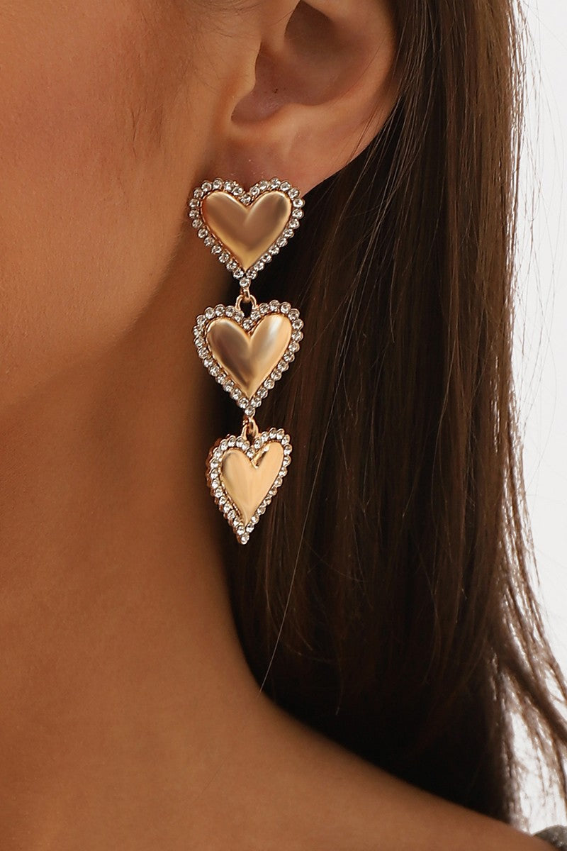 TIRED RHINESTONE HEART DANGLE EARRINGS